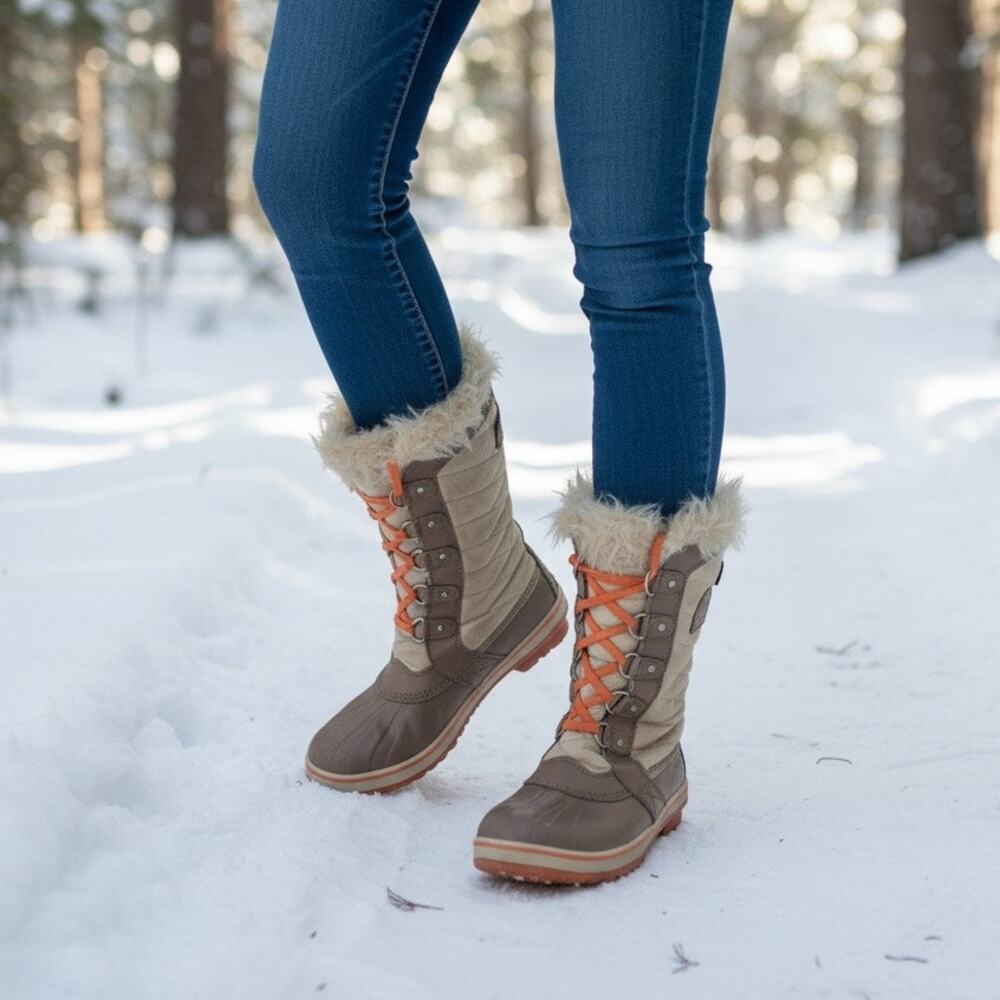 Sorel Tofino II Quilted Waterproof Winter Snow Boots Size 7 Beige Brown Faux Fur